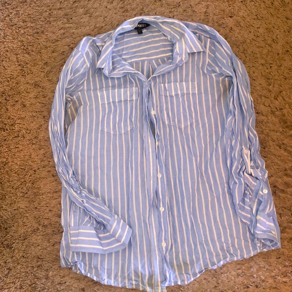Button up blue and white blouse